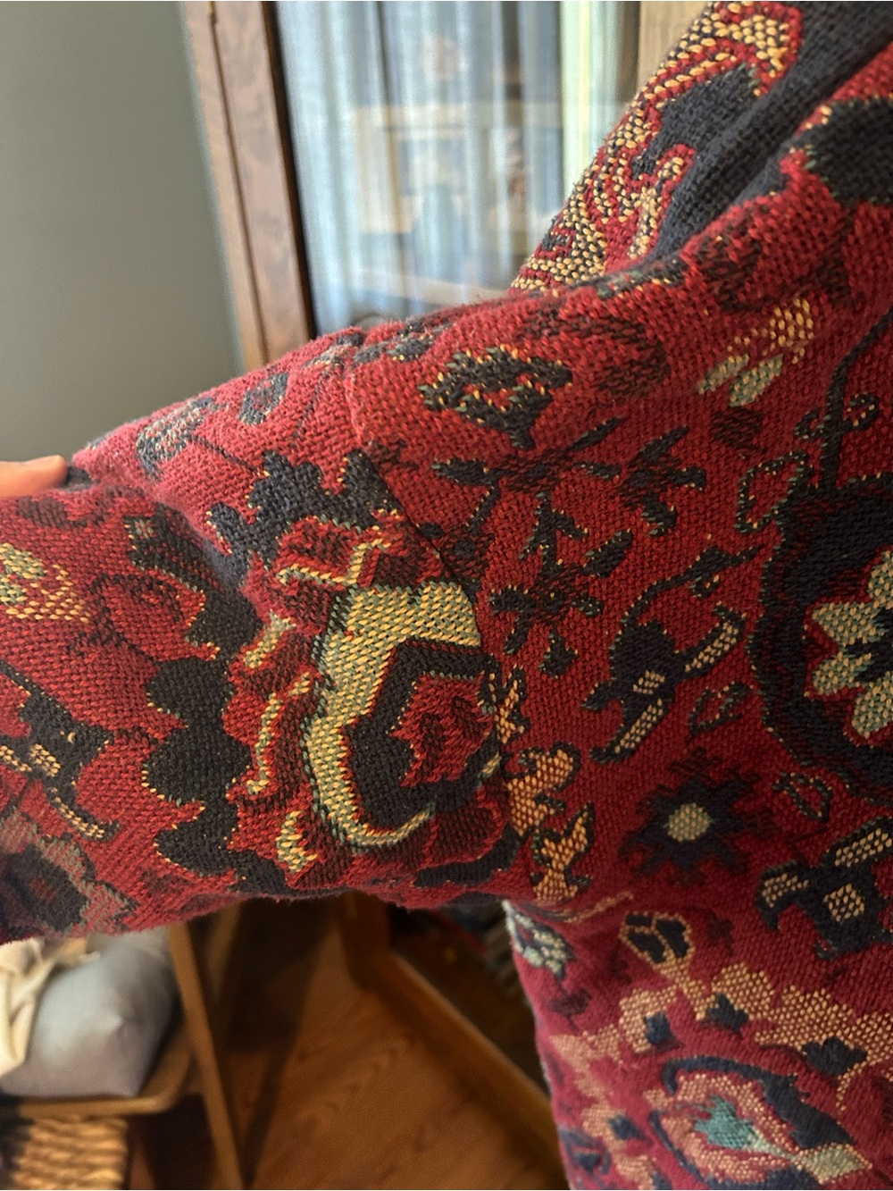 One of a Kind Handmade Women's Red & Navy Tapestry Fringed Cardigan Jacket - Picture 9 of 16